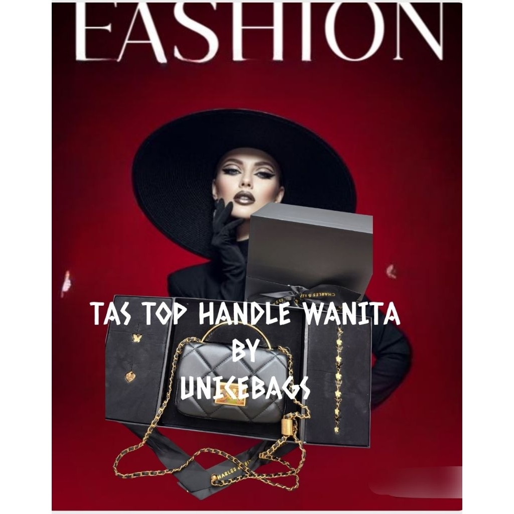 UNICEBAGS - New Tas Selempang Hitam Rantai Emas - Tas Top handle Wanita Paket Lengkap Hadiah Ulang T