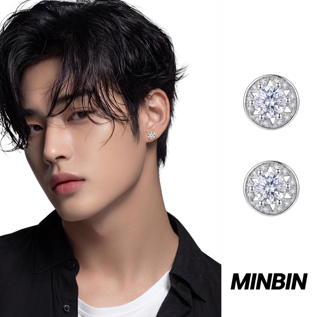 MINBIN Anting Tusuk Pria Silver Look Kristal Zirkon Bulat Bahan Tembaga Anti Karat Elegan Keren