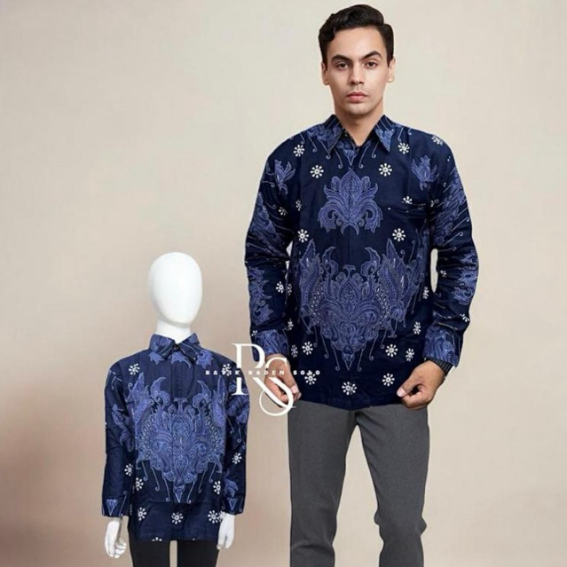 BIRU DONGKER,Batik Couple Ayah dan Anak Lengan Panjang Pendek Lapisan Furing Warna BIRU DONGKER NAVY