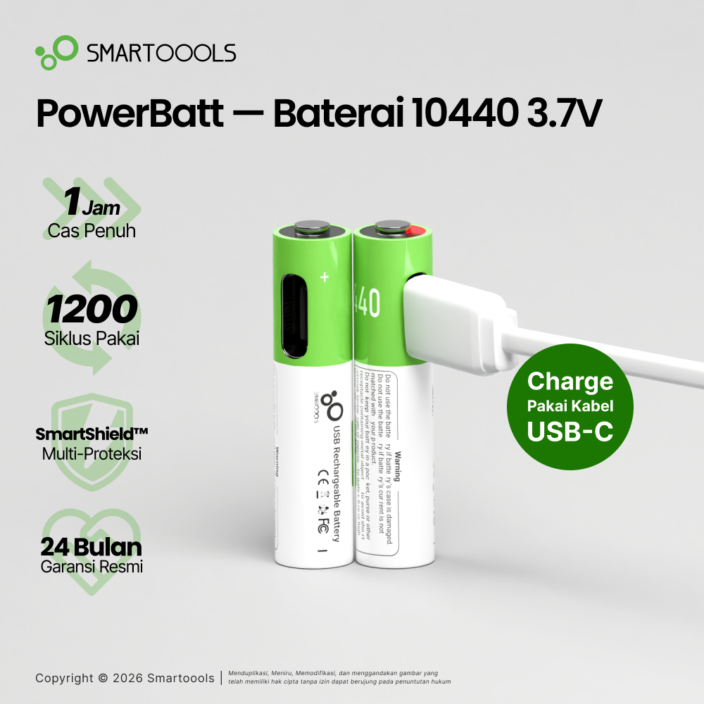 Baterai Cas Isi Ulang Smartoools Powerbatt 10440 3.7V Type-C USB Rechargeable Lithium Battery Charge