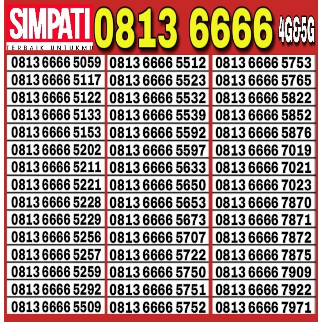 Nomor Cantik Telkomsel Simpati 4G Lte O813 6666 - 6666
