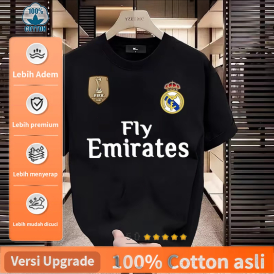 Kaos Hitam Motif Real Madrid "Fly Emirates" - 100% Katun Premium Adem Nyaman