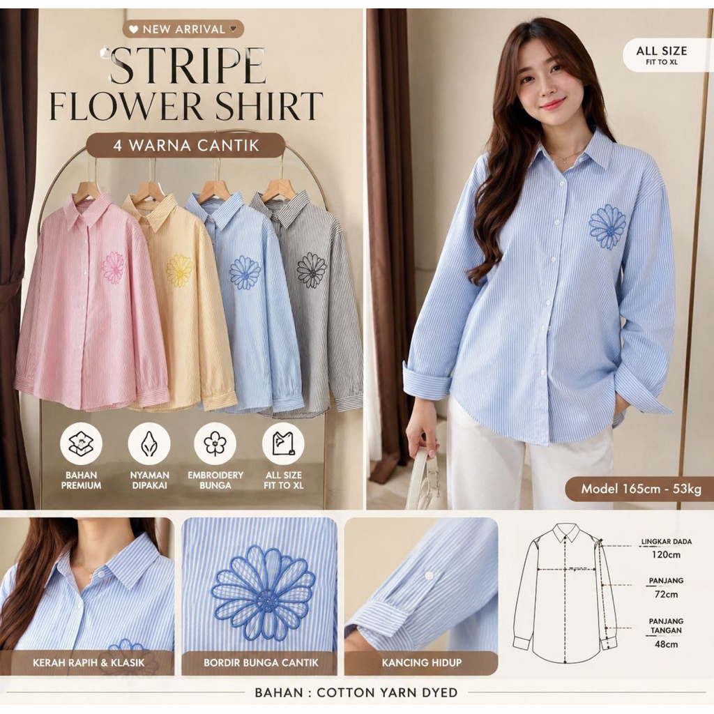 Kemeja Stripe Flower,Atasan Wanita, Kemeja Wanita, Shirt Flower Stripe