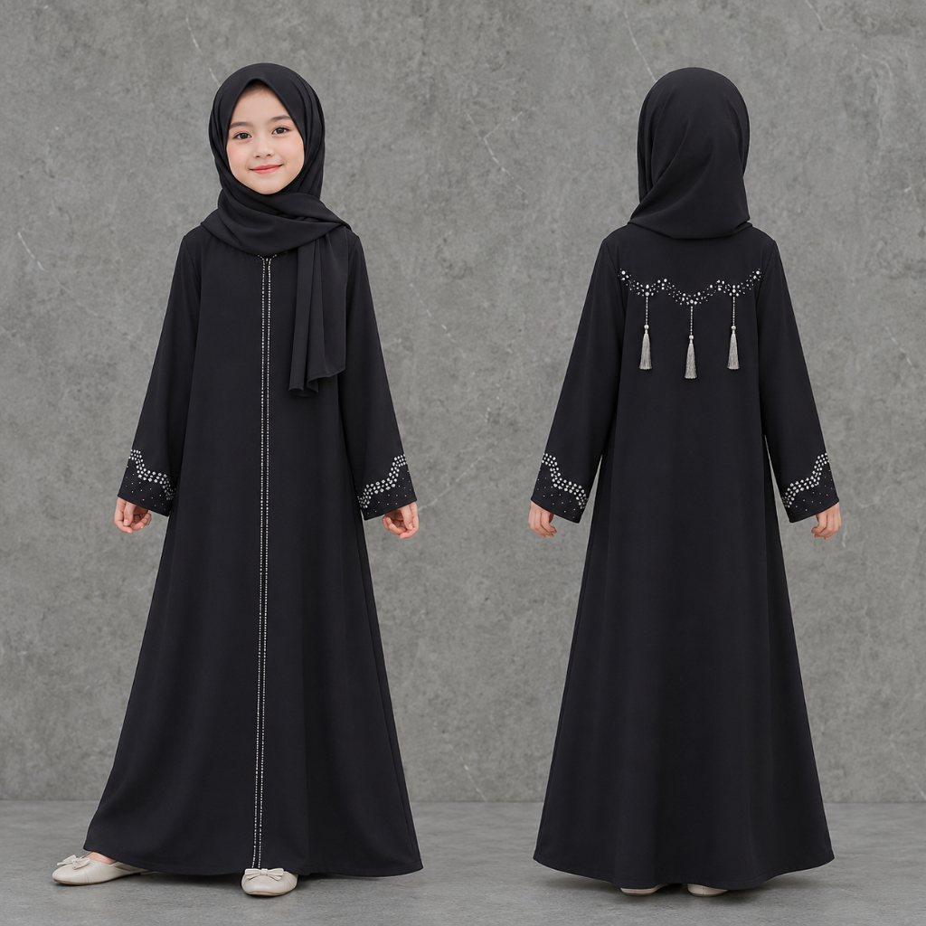 Gamis Anak Perempuan Premium Swarovski Hitam Set Hijab Pasmina | Dress Muslim Anak Elegant