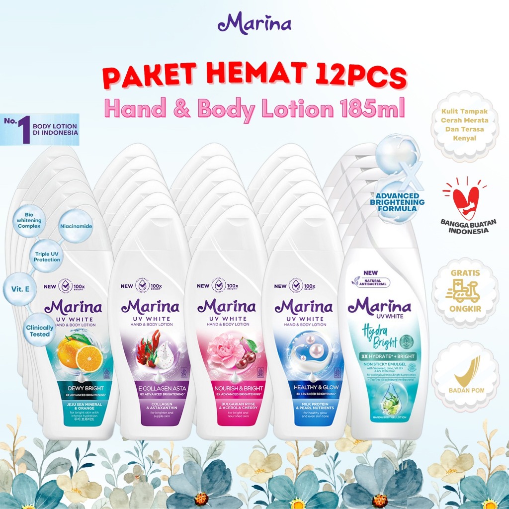 [PAKET 12PCS] MARINA Hand Body Lotion UV White 185ml - Nourish & Bright / Healthy & Glow / Dewy Brig