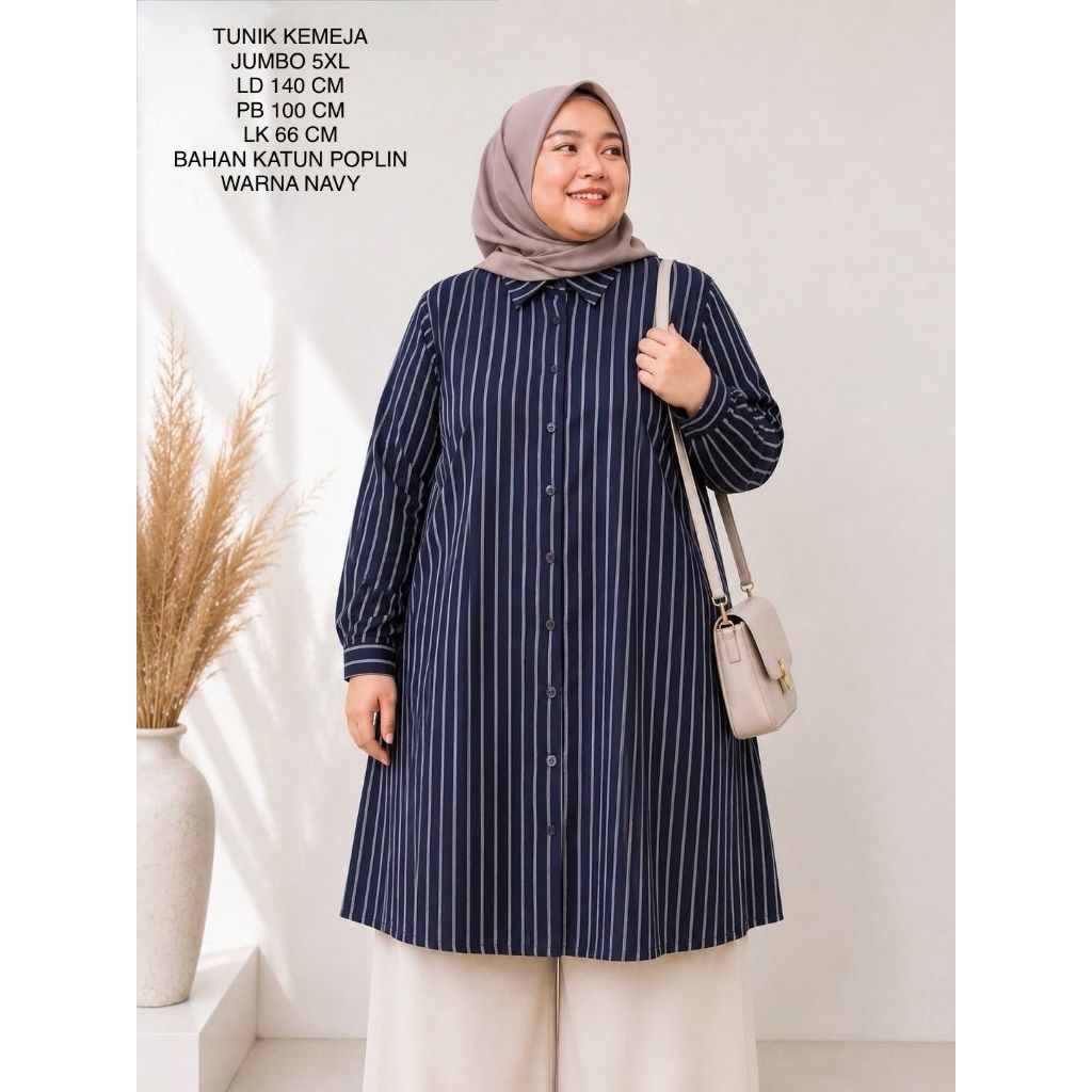 Tunik Kemeja Jumbo Wanita Ld 140 Cm Motif Garis Kekinian - Hasna Tunik