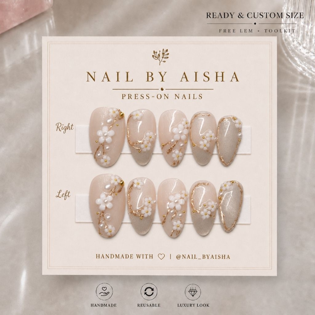 nail by aisha | wedding nail art floral natural pink | custom ukuran