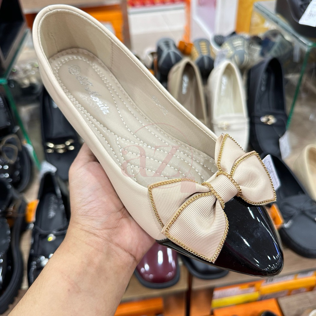 St. Moritz sepatu casual sekolah kerja wanita flat shoes hitam glossy pita