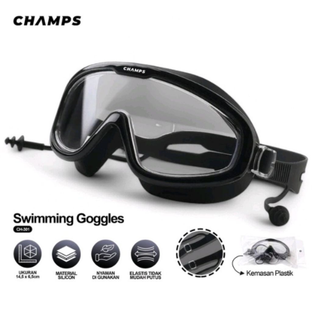 Kacamata Renang CHAMPS Anti Fog & Anti Air Anak Dewasa Nyaman + Earplug CH - 301