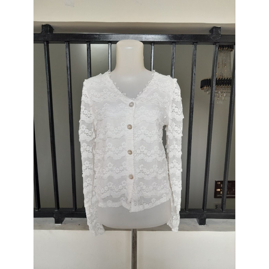 White Cardigan Lace, Cardigan Putih Brukat, Blouse Brukat Mewah