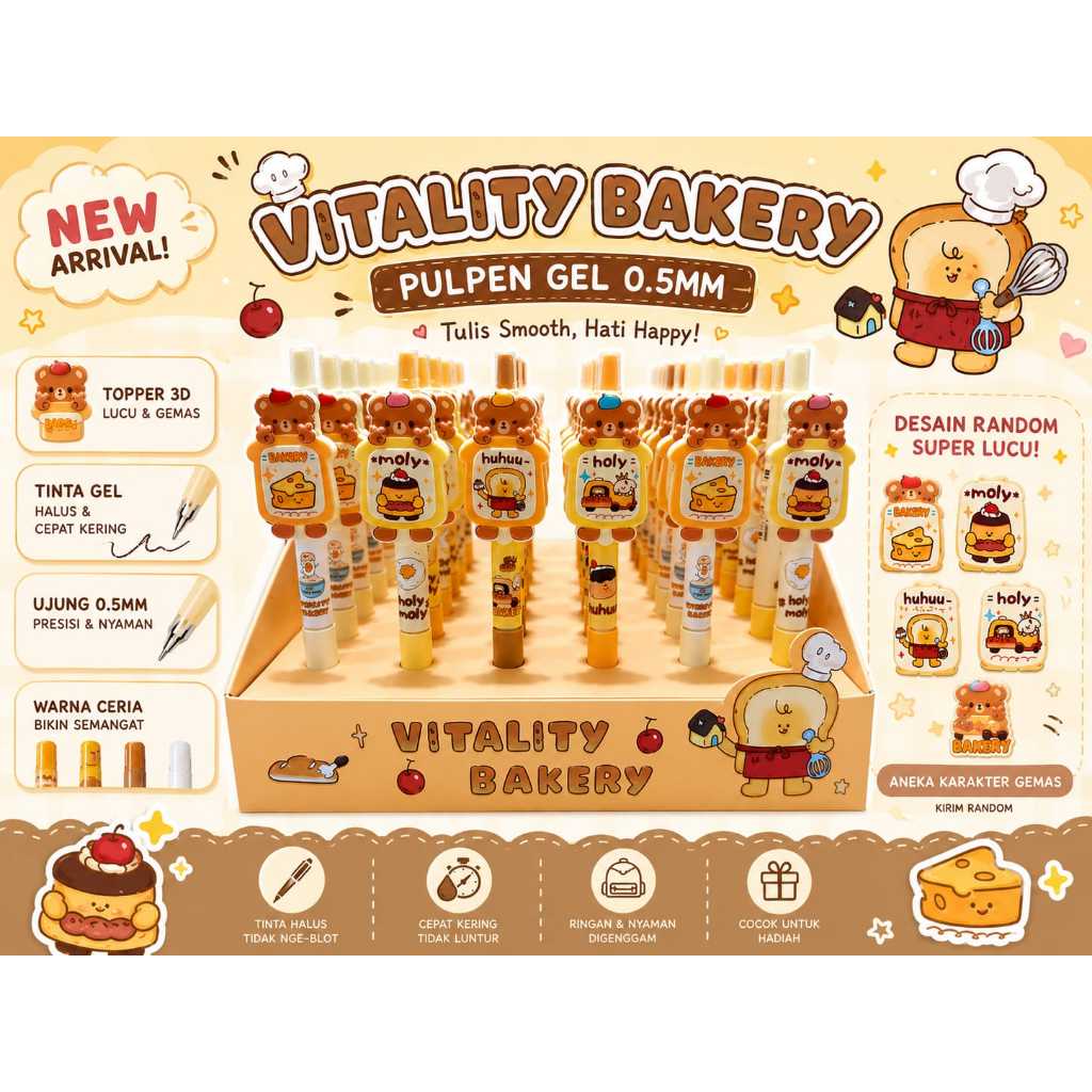 Vitality Bakery Pulpen Gel 0.5MM Lucu Kawaii Pulpen Estetik Tinta Hitam