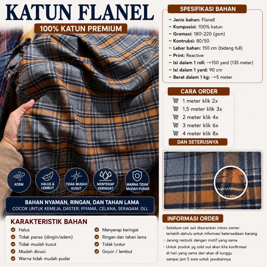kain katun flanell // flanell meteran // flanel kotak kotak
