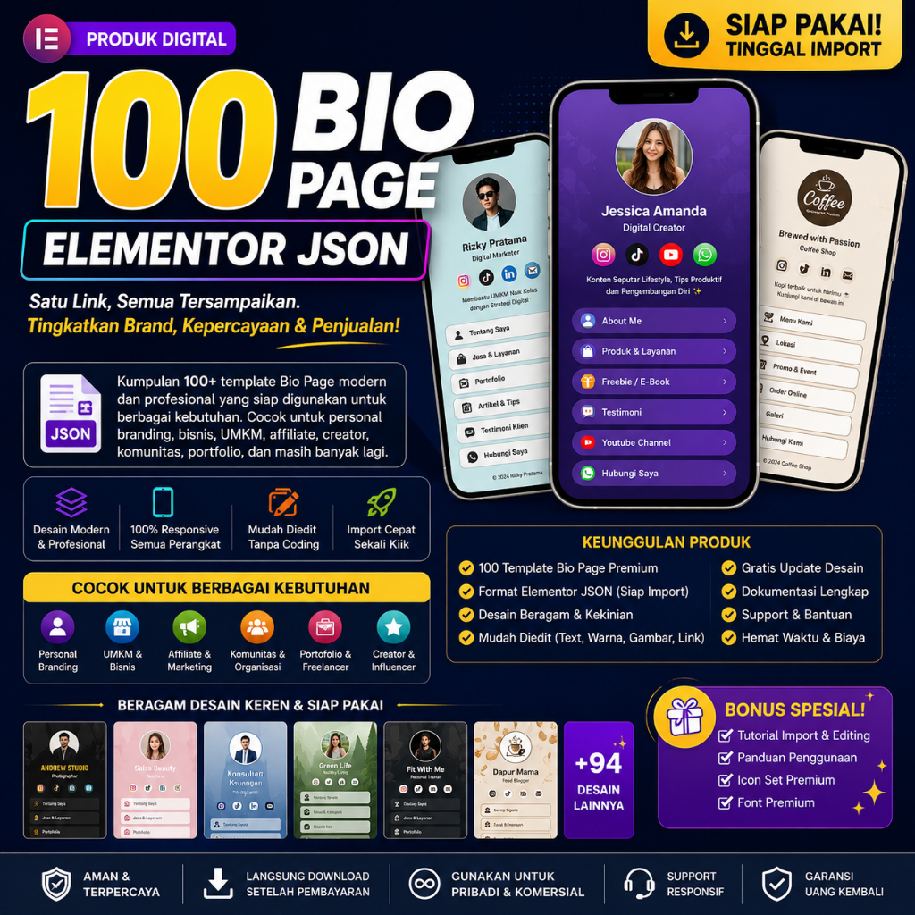 100 Template Bio Page Elementor JSON Siap Pakai