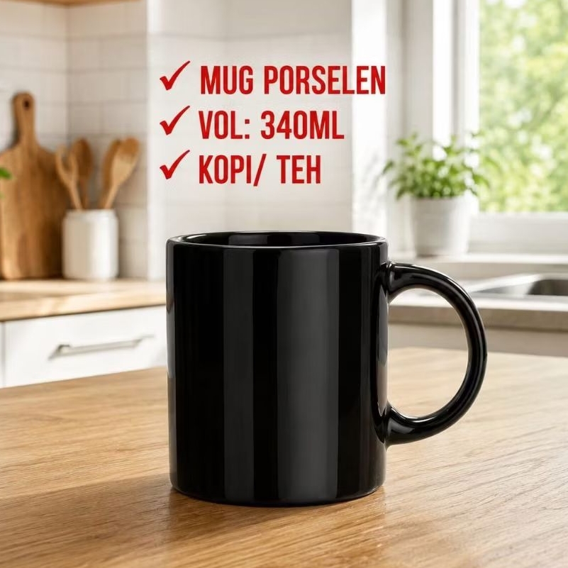 MUG PORSELEN HITAM Polos 340ml (NIKURA)/ Mug Kopi Teh Serbaguna Keramik