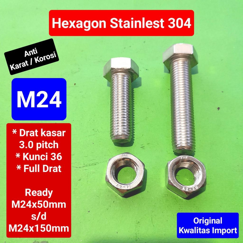 Baut hexagon stainlest 304 M24 | baut hex stainlest 304 M24 | baut stainlest 304 M24x50 s/d M24x150m
