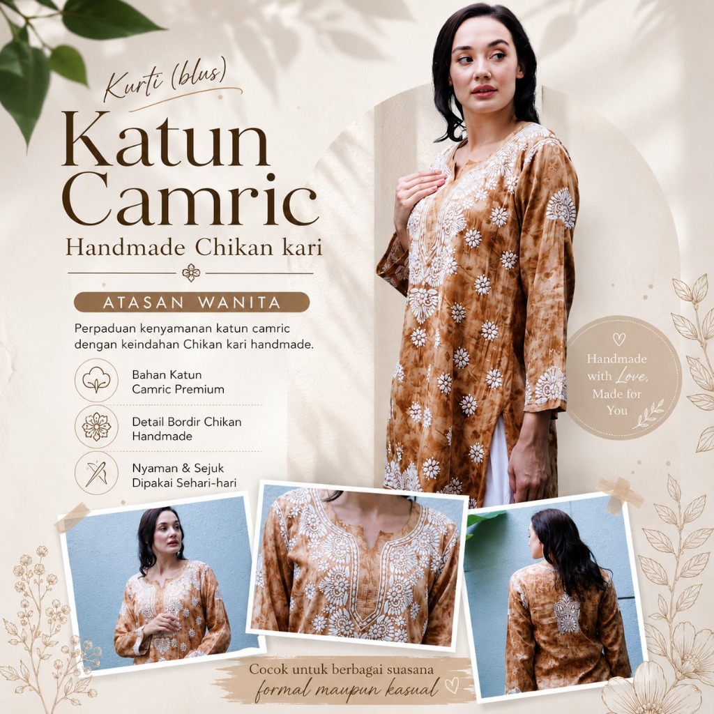 Kurti (blus) Katun Camric Handmade Chikan kari/Atasan Wanita - baju wanita india