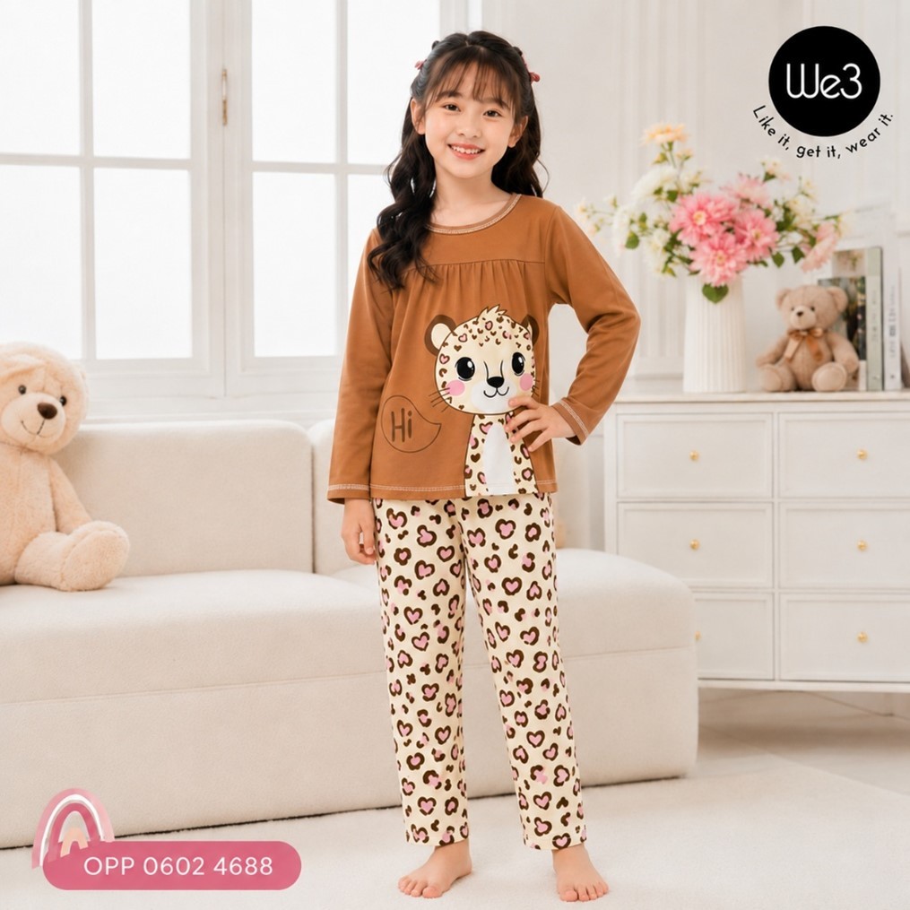 We3 Kids – Setelan Piyama Anak Perempuan Lengan Panjang & Celana Panjang Motif Macan | Baju Tidur An