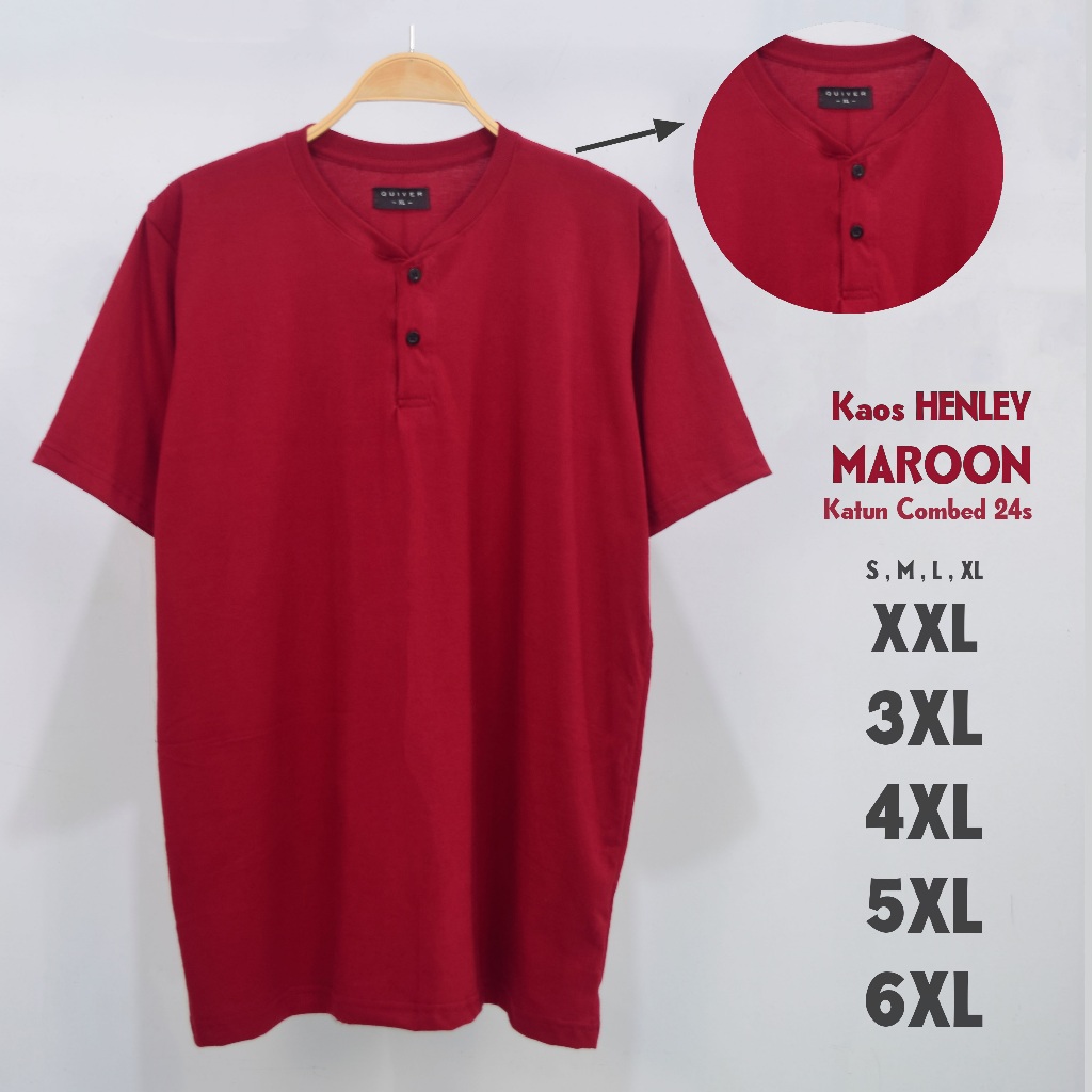 Kaos Polos Henley Kancing Jumbo Pria Maroon 24s Big Size S M L XL XXL 3XL 4XL 5XL 6XL
