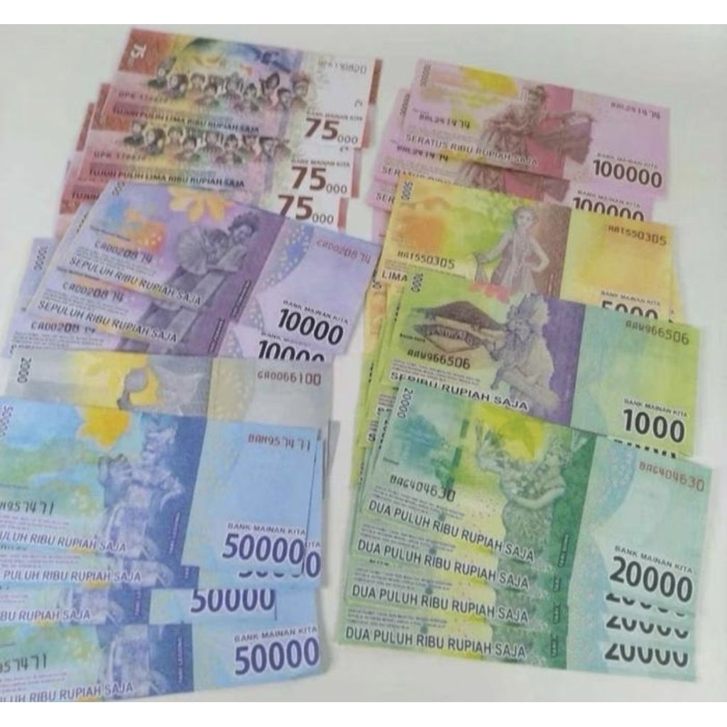 uang mainan/uang mahar pernikahan mainan anak pecahan 1rb/2rb/5rb/10rb/20rb/50rb/75rb/100rb glossy 1