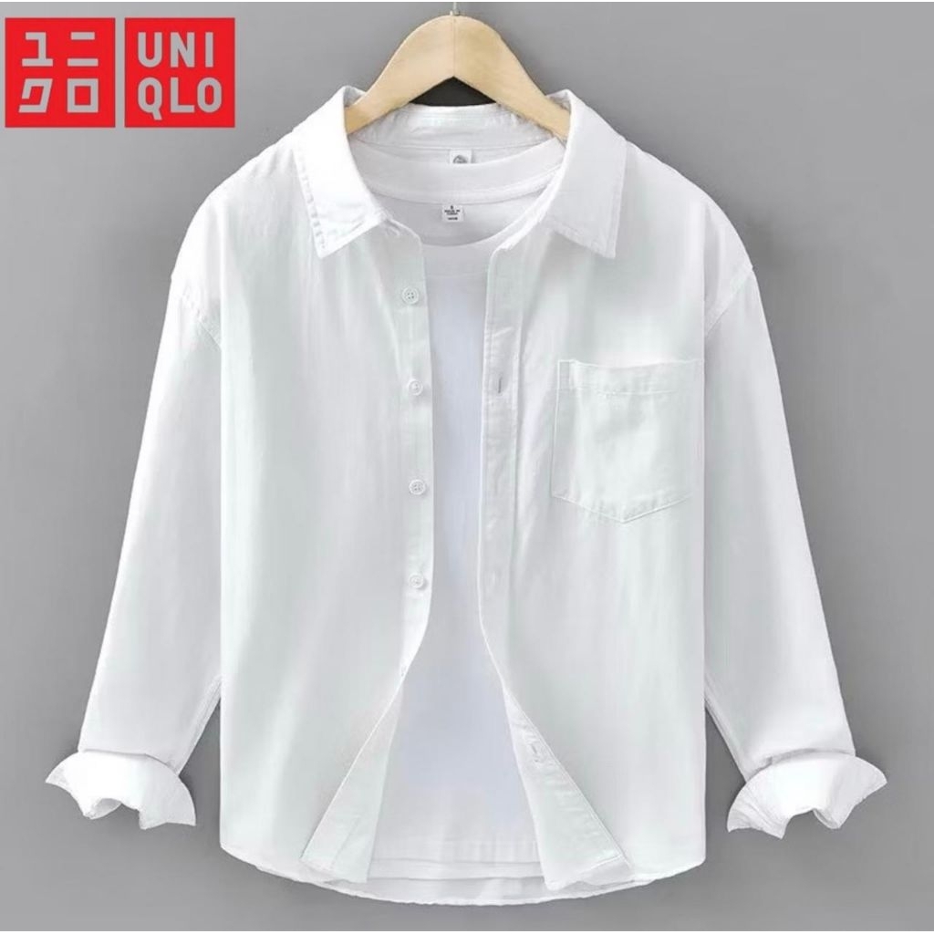Uniqlo Putih Kemeja Casual Pria Lengan Panjang