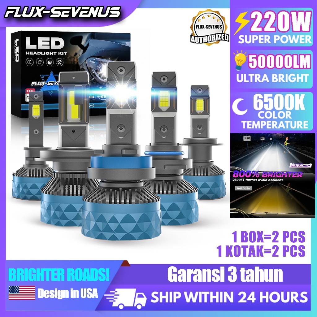 FLUX-SEVEN USA H4 Bohlam Lampu Depan LED APOLLO Plus 50000LM warna putih H7 H11 9005 9006 9012 H4