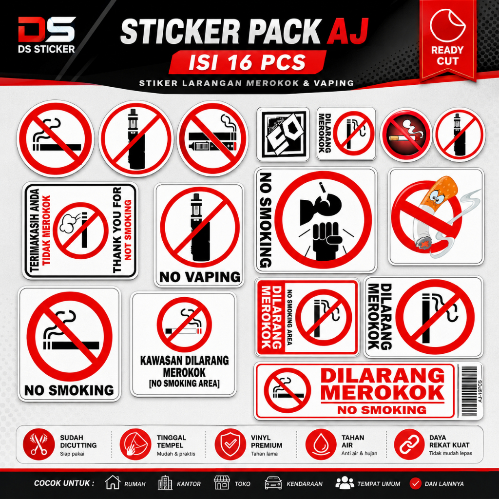 AJ Sticker Pack – Paket Stiker Dilarang Merokok / No Smoking | Sponsor Hologram & Vinyl, Dipotong Pr