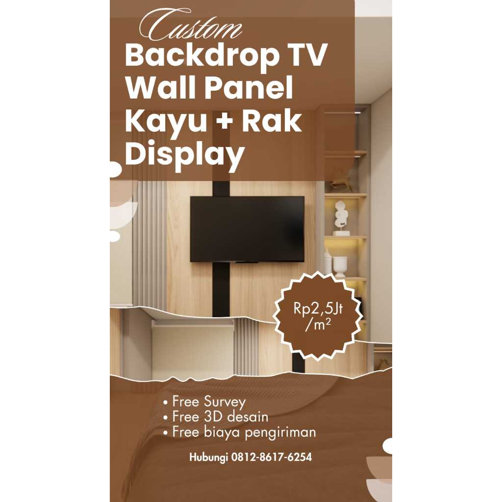 Custom Backdrop TV Wall Panel Kayu + Rak Display Minimalist
