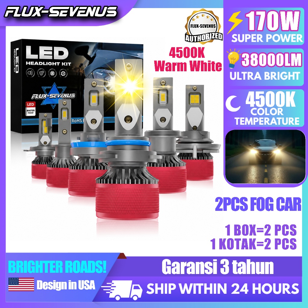 FLUX-SEVEN USA LED Mobil 170W 38000LM 4500K H4 H11 9005 9012 Bohlam Lampu Depan Mobil Super Terang U
