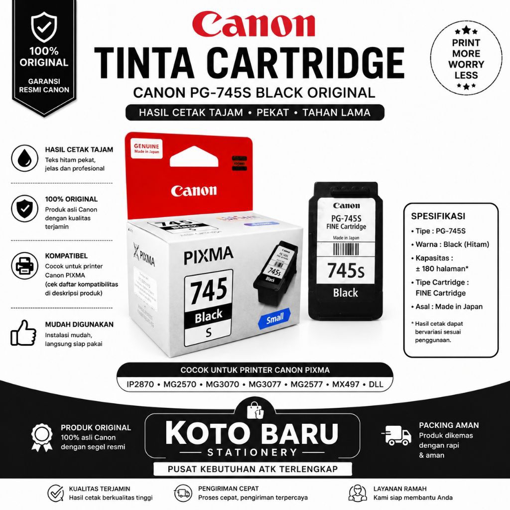 Tinta Cartridge Canon Pixma 745s Black Original for ;IP2870s,MG2570s, Cartridge