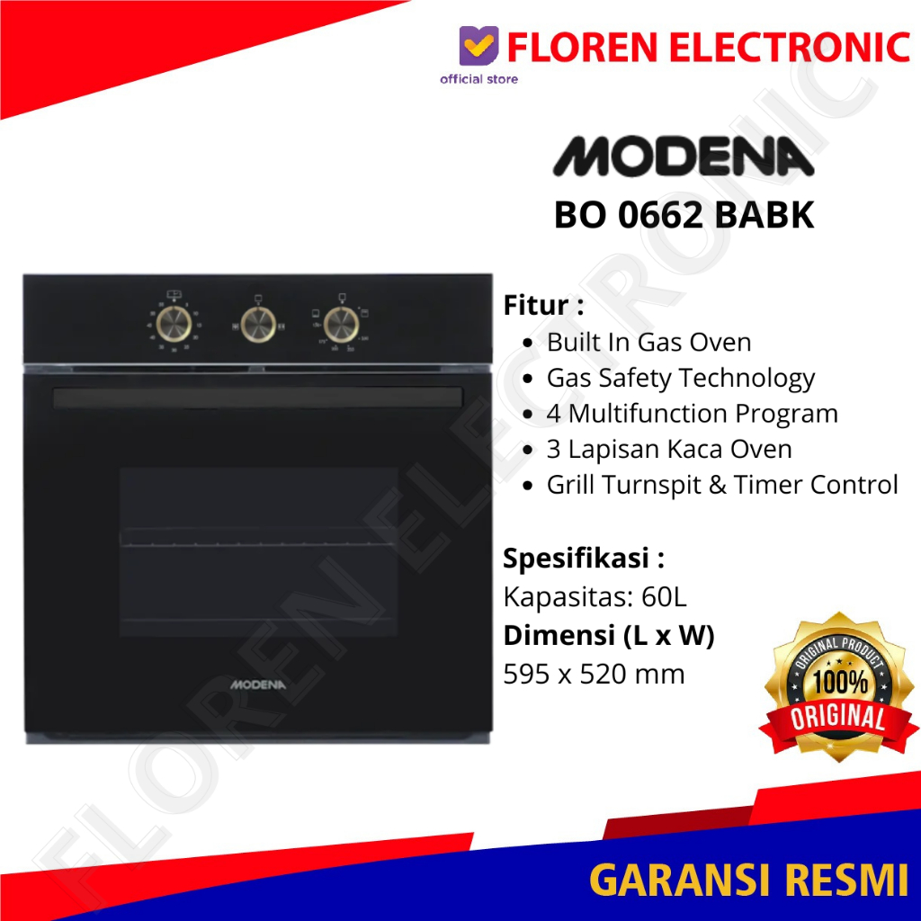 Modena Oven Gas Tanam BO 0662 BABK / BO 0662BABK / BO0662BABK Built In Gas Oven 60 Liter Grill Turns