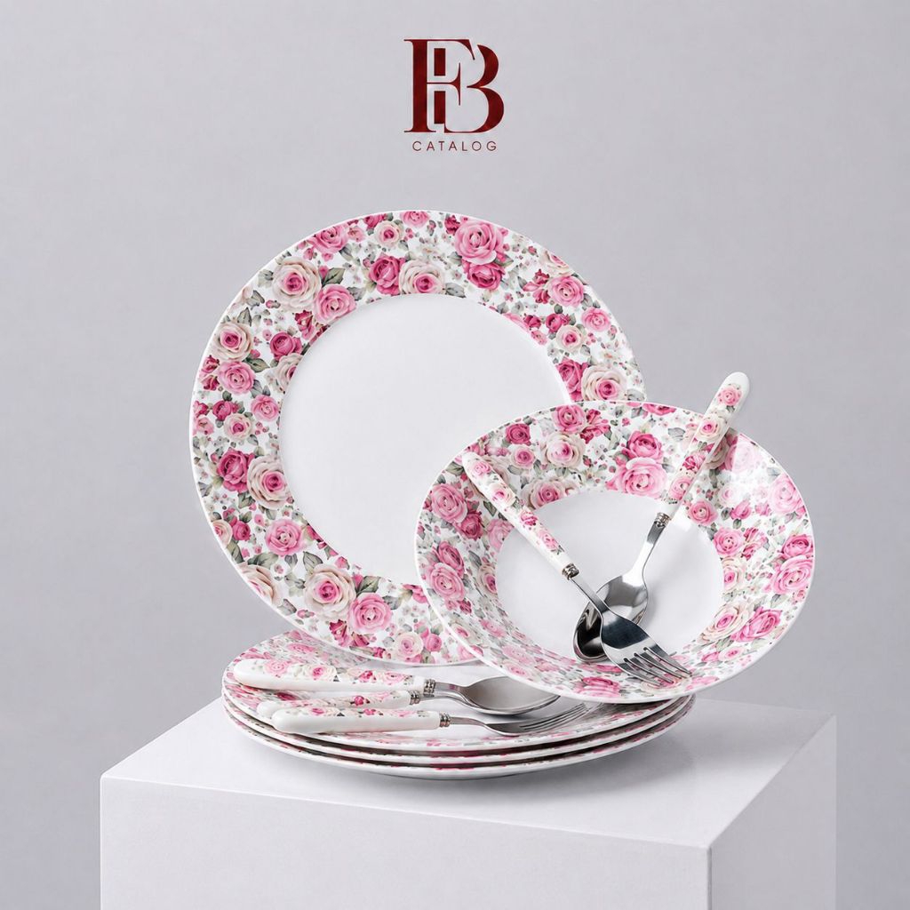 FANYBELLA | Piring Makan Keramik Ceper Full Shabby Chic Mewah Import Prasmanan Set isi 6 Buah QUEEN 