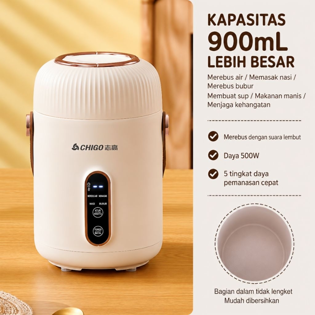 CHIGO Mini Rice Cooker Multifungsi 900ml 500W Anti Lengket Panci Listrik Travelling Portable Electri