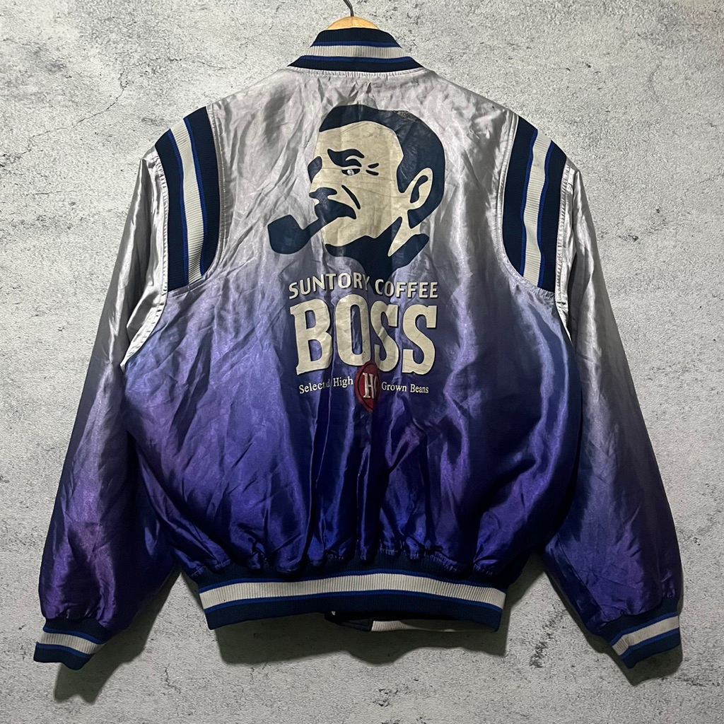Suntory Boss Coffee Varsity Jacket Big Logo Bomber Jacket Suntory Snap Button Jacket