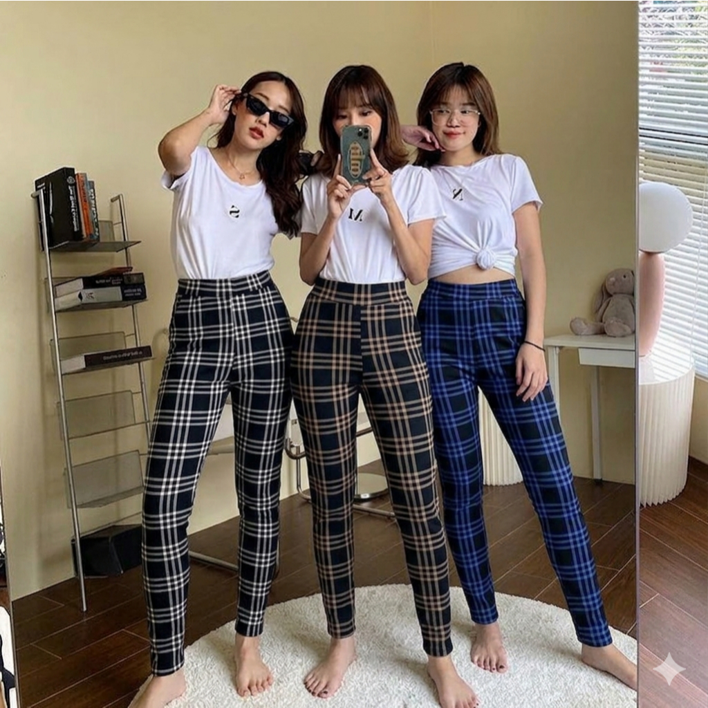 CELANA PANJANG JUMBO WANITA BAWAH PENSIL CELANA KOTAK KOTAK HOUNDSTOOTH CEWEK BIG SIZE TARTAN PANTS 
