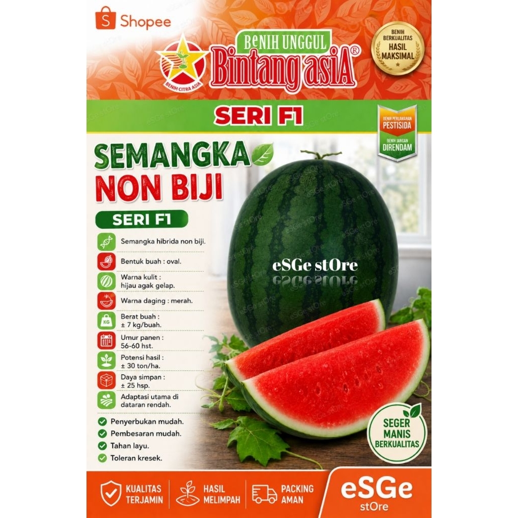 Benih Bibit Semangka Non Biji SERI F1 20GR BINTANG ASIA