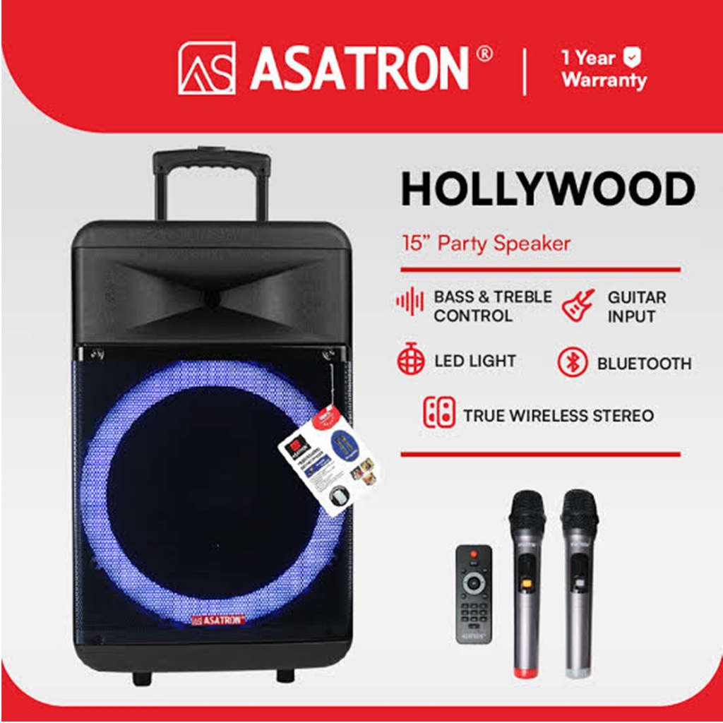 ASATRON HOLLYWOOD 15'' PORTABLE SPEAKER CHARGING FREE 2 MIC