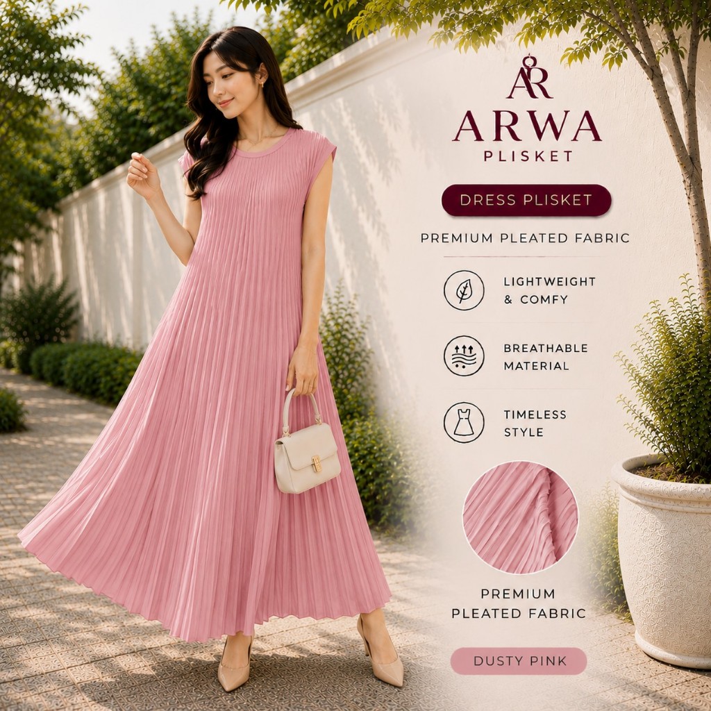 ARWA PLISKET Dress Plisket Premium Wanita | Long Dress Korean Style Elegant & Adem