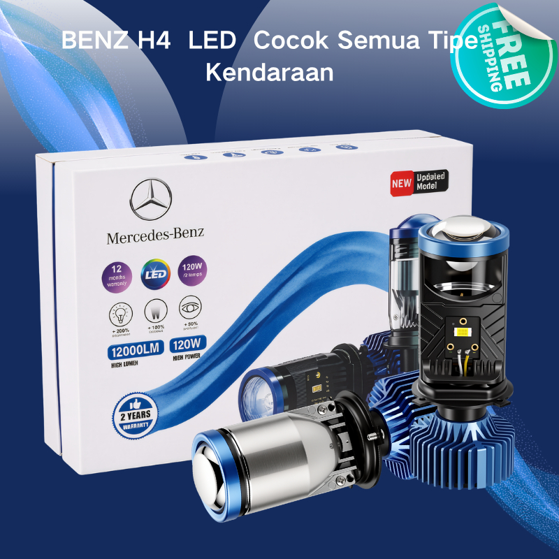 Benz Lampu LED Mobil H4, Lampu Proyektor Mini H4 Asli, Sangat Terang (12000 lumens)