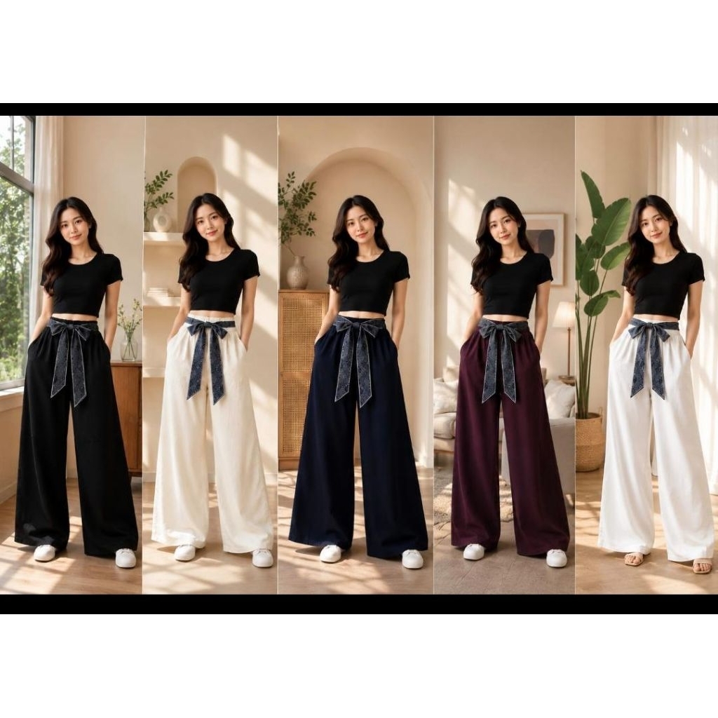 Celana kulot katun jeans free belt pita 8008 import