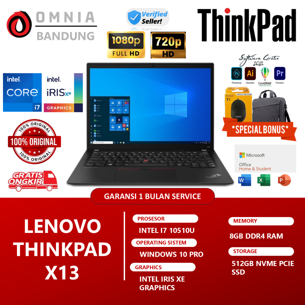 Laptop 4 Jutaan Lenovo Thinkpad X13 INTEL I7 10510U 8GB 512GB 13.3 FHD Windows 10 Pro Original
