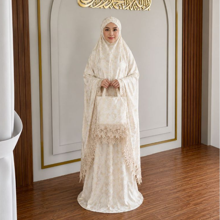 Mukena Dewasa Renda Cantik Katun Foil , Mukena Putih Silky Gold