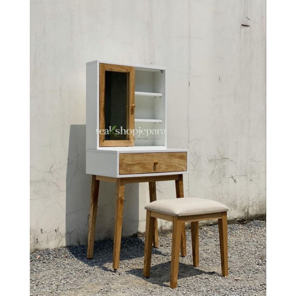 Meja Rias Korean Style Minimalis Kayu Jati Multifungsi Meja Rias Kecil Minimalis Set Kursi Cocok Kam