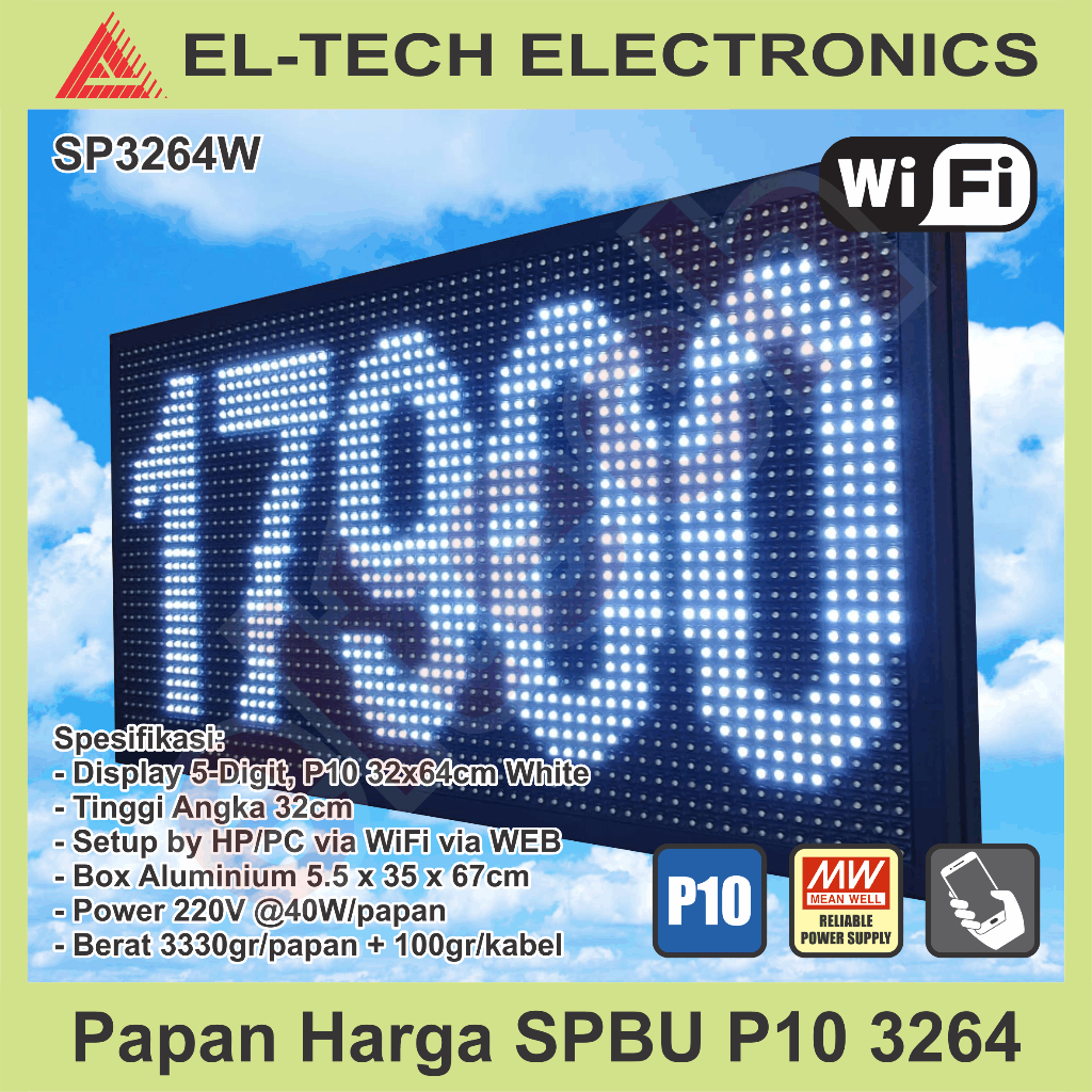 Papan Harga SPBU Standar Pertamina P10 1664 3264 5 Digit Angka Setup Pakai HP atau PC via WiFi WEB P