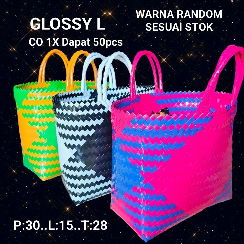 Paket Hemat Tas Anyaman Kaca A 50pcs ukuran L /Tasanyaman Glossy BESAR/Keranjang belanja/Tas pasar/T