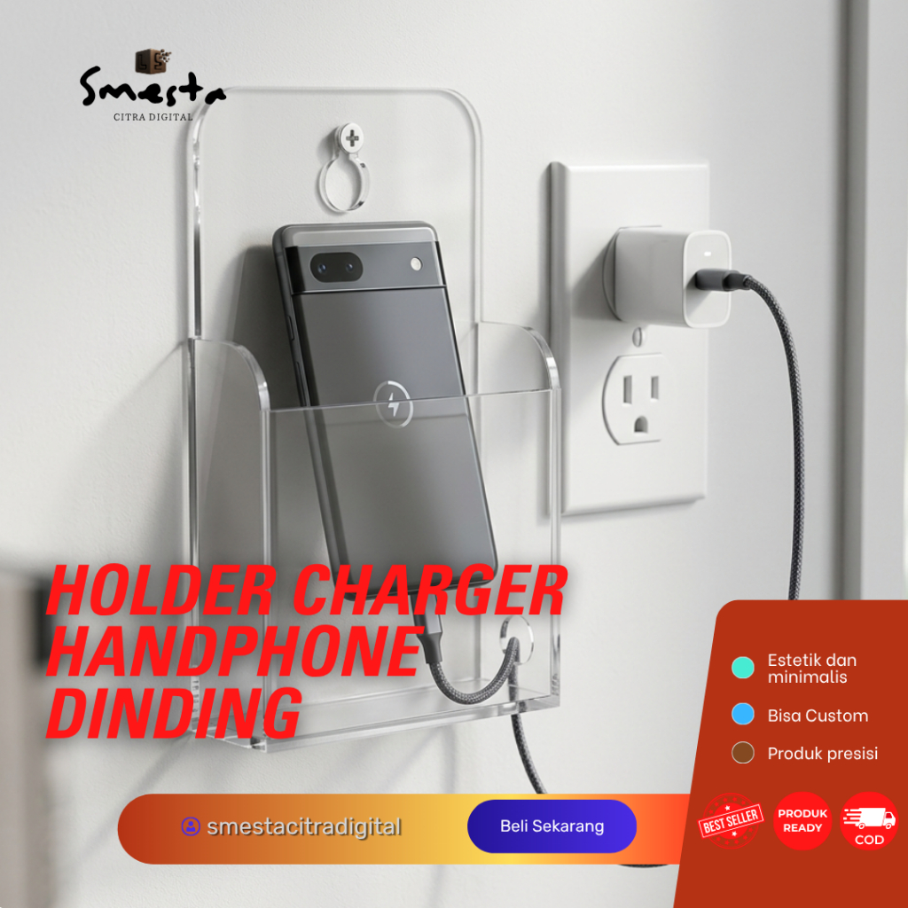 Tempat Charge Handphone Dinding | Holder Cas HP Akrilik | Phone Charging Dock | AKRILIK TRANSPARAN 2