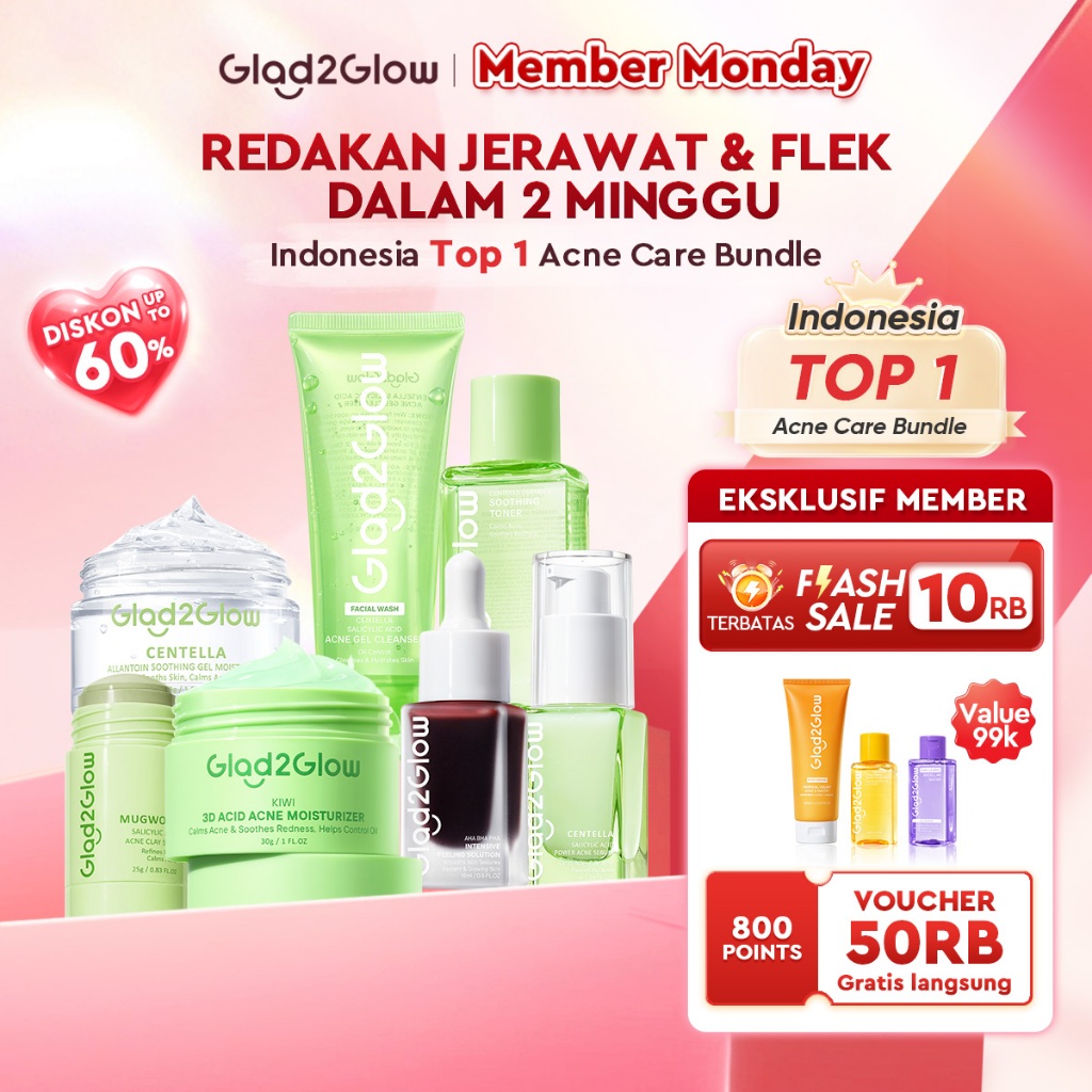 Glad2Glow Acne Jerawat Bundle 7in1 paket Centella madeca cream-Moisturizer+Serum+Cleanser+Toner+Clay