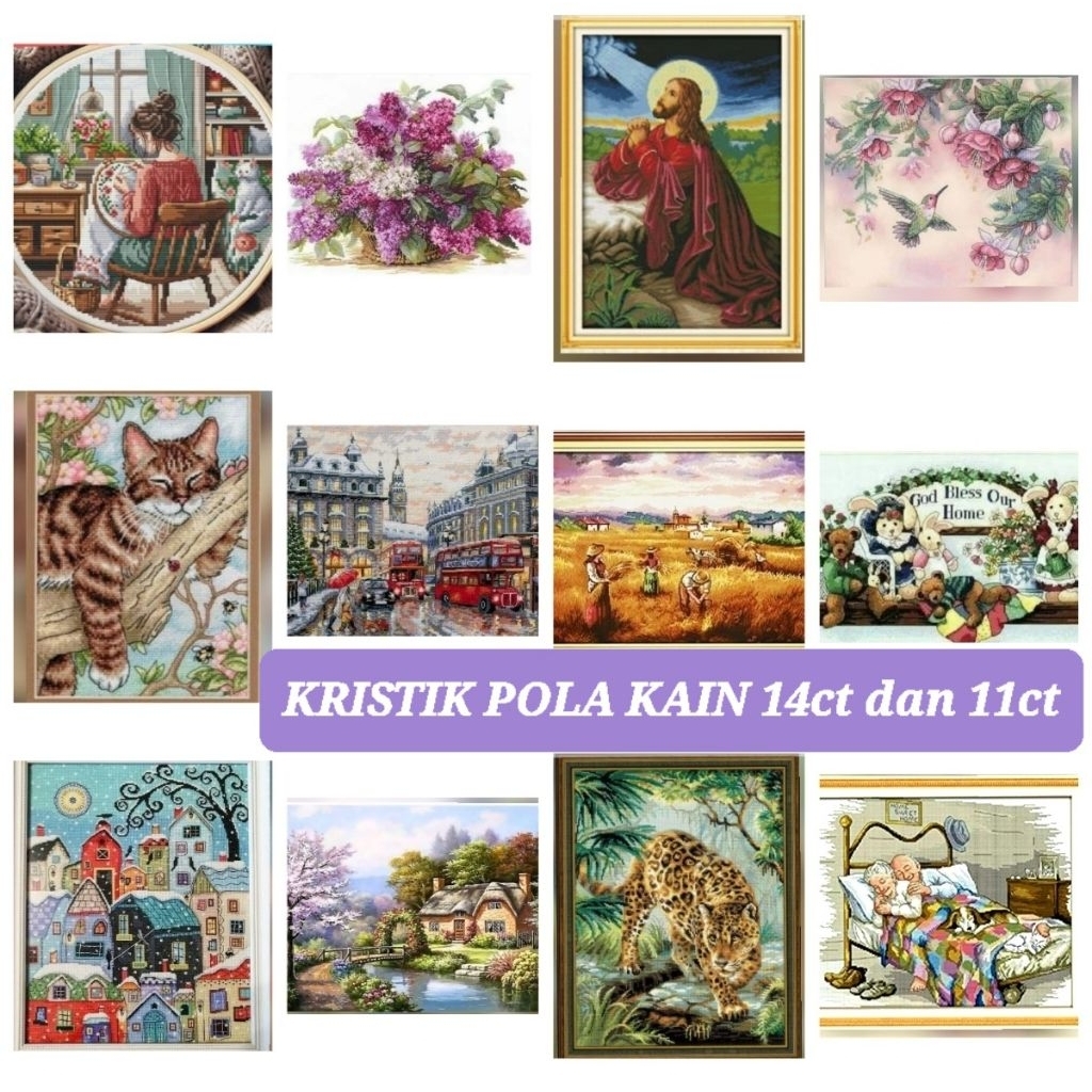 (ARRIVAL Stok) CROSS STITCH KIT PAKET KRISTIK POLA KAIN BUNGA HEWAN PEMANDANGAN YESUS 14CT 11CT