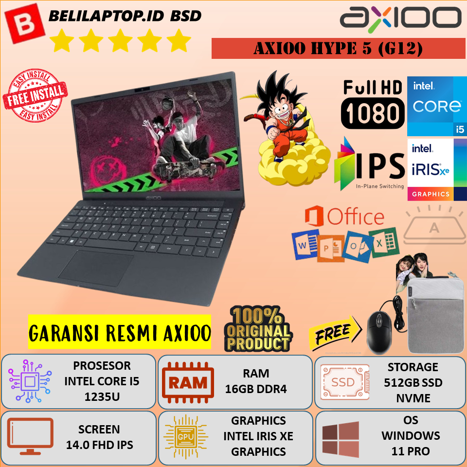 Laptop Kerja Axioo Hype 5 G12 Intel Core i5 1235U Ram 16GB DDR4 512GB SSD 14" FHD IPS Windows 11 Ori