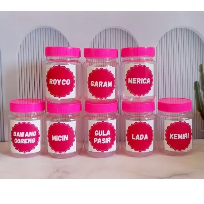 Toples Bumbu Dapur 200ml bulat pink - stiker Pink dengan Sendok