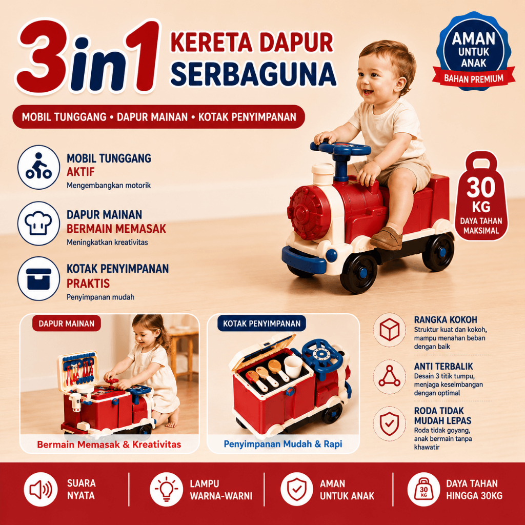 COD Mainan Kereta Anak 2in1 Set Dapur Dokter Bisa Dinaiki Roleplay Merah Oranye